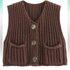 Brown Knit Vest with Gold Button